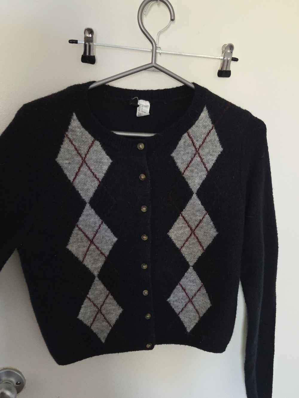 Divided Black Argyle Button-Front Cardigan with Gray Diamonds